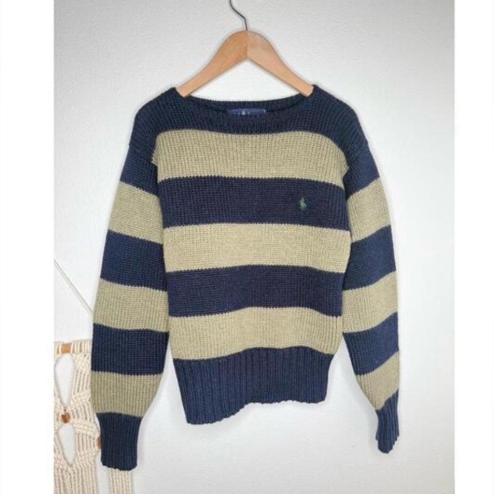 VTG Ralph Lauren Sweater Navy Olive Green Stripe 90s Crewneck wool knit Original